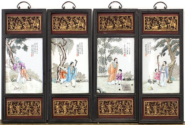 Set of Chinese Porcelain Plaques, Scholars: (lot of 4) Chinese enameled porcelain plaques, Scholars in Landscape, the upper inscribed with a colophon, with cyclical date guiyou, bearing signature Wang Qi along with two painted seals, set within