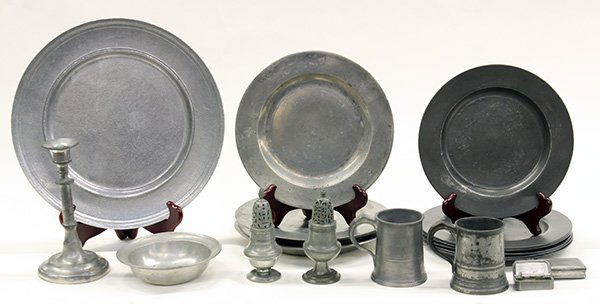 Associated pewter items,: (lot of 20) Associated pewter items, including a pair of 1/2 pint tavern mugs marked for Yates & Birch circa 1800, (2) plates with marks for J. Colombara, (6) plates with a crowned 'X' over London, se