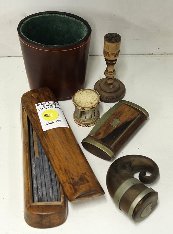 Group of table articles including small tobacco horn: (lot of 6) Wood carved decoratives group, including a small tobacco horn, an incense holder, dice, etc.