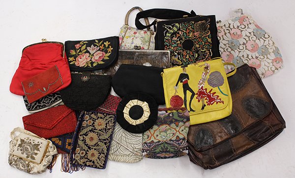Vintage purses: (lot of 20) Collection of vintage purses, clutches, and evening bags consisting silk, suede, beaded, leather, and reptile examples, including Carlos Falchi, Maud Frigon, and Jane Benton