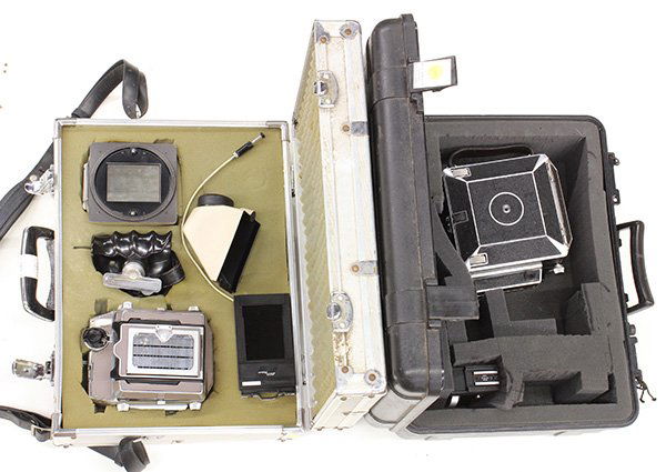 Linhof large format cameras,: 2 hard cases containing: Linhof Technika 4x5 camera with Voigtlander Braunschweig 15cm (150mm) f/4.5 lens. Linhof Technika 2.25x3.25 camera with Xenar 105mm f/3.5 lens. Case also contains (for smaller
