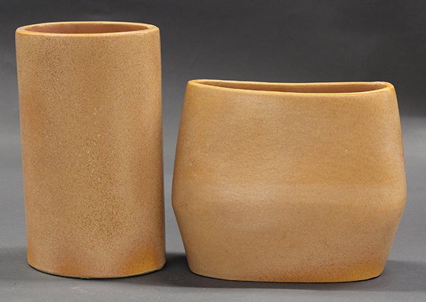 Bauer Atlanta, Russel Wright art pottery vase: (lot of 2) Bauer Atlanta, Russel Wright art pottery vase, each having an organic speckled sand glaze, one having a shouldered form, the other an oval, tallest: 10.5"h