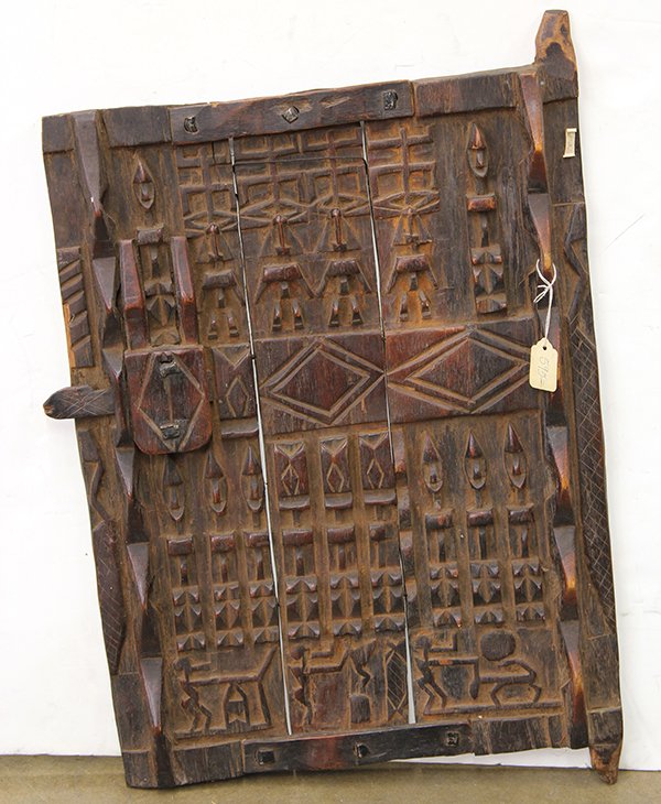 Dogon style, Mali carved wood granary door, 13"h x: Dogon style, Mali carved wood granary door, 13"h x 17"w.