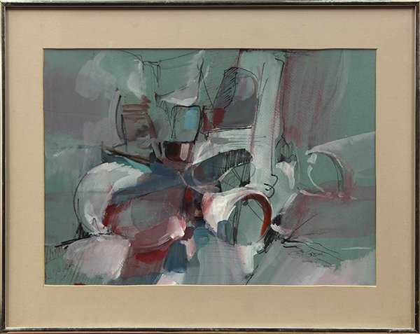 Mixed Media Abstraction, Scott Greene: Scott Greene (American, Contemporary), Abstract Composition, 1977, mixed media on paper, pencil signed and dated lower right, inscribed lower right, sight: 13.625''h x 19.125''w, overall (with frame):