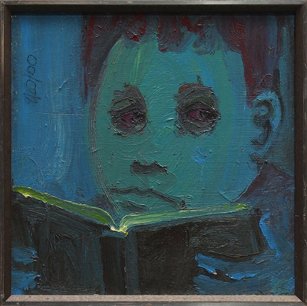 Painting, Manner of Aaron Curry, Boy Reading, 2000: Manner of Aaron Curry (American, b.1972), Boy Reading, 2000, oil on canvas, bears signature verso, dated upper left, overall: 17"h x 17"w