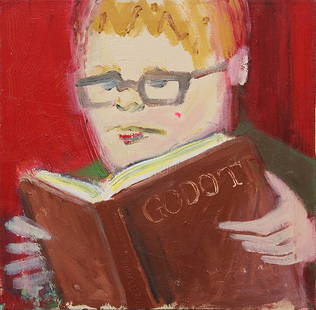 Painting, Manner of Aaron Curry, Boy Reading Godot: Manner of Aaron Curry (American, b.1972), Boy Reading Godot, oil on canvas, unsigned, 20th century, overall (unframed): 22"h x 22"w