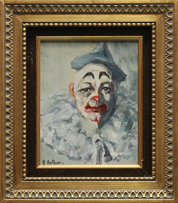 Paintings, Revington Arthur, Clown Portraits: (lot of 2) Revington Arthur (American, 1908-1986), Clown Portraits, oils on canvas board, each signed lower right, overall (each): 15.5"h x 13.75"w