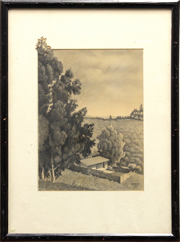 Drawings, Pierrie Signa: (lot of 2) Pierrie Signa (Californian, 1882-1968), Rural Landscape I (1956) / Rural Landscape II (1957), charcoal drawings, signed and dated lower right, overalls (each with frame): 23.5"h x 17.5"w
