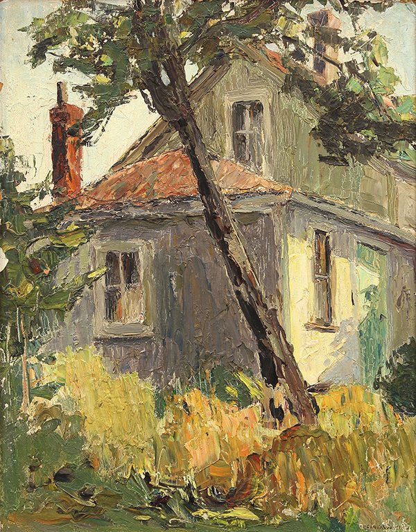 Painting, Virginia B. Woolley, ''Deserted House, Cape: Virginia B. Woolley (Californian, 1884-1971), ''Deserted House, Cape Cod,'' oil on panel, signed lower right, titled verso, panel: 20''h x 16''w, overall (with frame): 25.25''h x 21.25''w