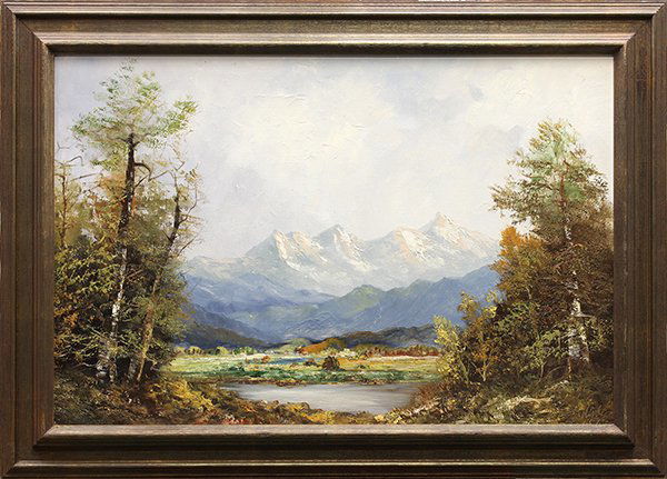 Painting, View of the Valley with Snowcapped Mountains: View of the Valley with Snowcapped Mountains, oil on canvas, signed indistinctly lower right, 20th century, overall: 30.5"h x 42.5"w