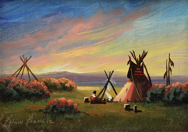 Painting, Heinie Hartwig, Figure and Teepee at Sunset: Heinie Hartwig (Californian, Contemporary), Figure and Teepee at Sunset, oil on masonite, signed lower left, board: 5''h x 7''w, overall (with frame): 12.5"h x 10.75"w