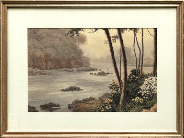 Watercolor, Kobayashi Tokusaburo, Misty River: Kobayashi Tokusaburo (Japanese, 1884-1949), Misty River, watercolor, signed lower right, sight: 12.25"h x 19"w, overall: 20.25"h x 27"w