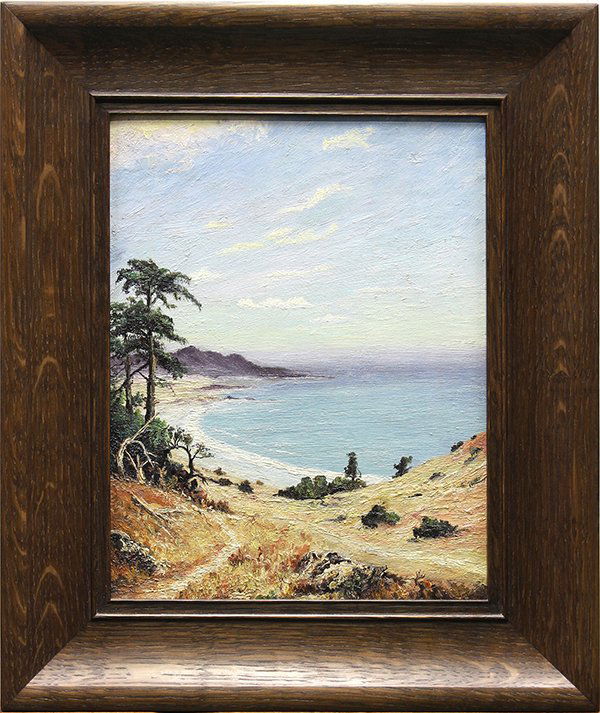 Painting, After William Keith, Carmel Bay, Monterey: After William Keith (Californian, 1838-1911), "Carmel Bay, Monterey Coast, California," oil on board, unsigned, gallery label (The Graves Gallery) affixed verso, overall: 17"h x 14.5"w