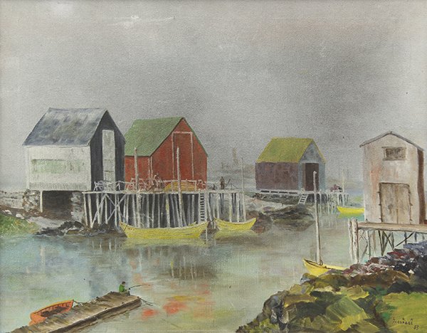 Painting, Attributed to Lon Megargee, Fishing Warf: Attributed to Lon Megargee (American, 1883-1958), Fishing Warf Under Heavy Clouds, 1953, oil on canvas, bears signature and date lower right, sight: 21.5"h x 27.5"w, overall (with frame): 26.25"h x 32