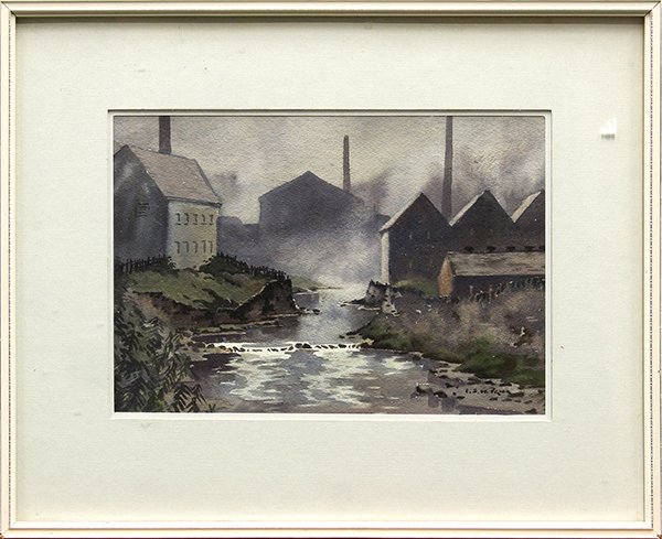 Watercolor, Quiet Stream in Town: Continental School (20th century), Quiet Stream in the Eastern Bloc, watercolor and gouache, signed ''E.J.W. Prior'' lower right, overall (with frame): 12.5''h x 15.5''w
