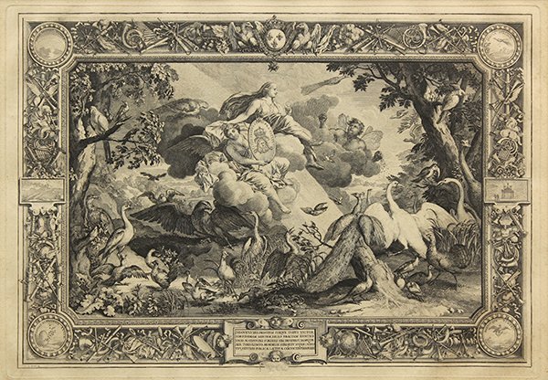 Etchings, After Charles Le Brun, ''der Vier Elemente'': (lot of 3) After Charles Le Brun (French, 1619-1690), Water, Wind and Earth, from ''der Vier Elemente (The Four Elements)'' suite, circa 1685, etchings, sights: 15.5"h x 22.25"w, overalls (with frames