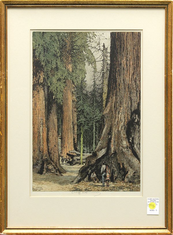 Prints, Luigi Kasimir, Wawong Mariposa Grove &Yosemite: (lot of 2) Luigi Kasimir (Californinan, 1881-1962), Wawona Mariposa Grove (1931) / Yosemite Falls, color etchings, signed lower center, overall (each with frame): 24.75''h x 18.25''w
