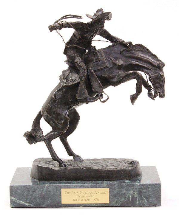 Bronze Sculpture, American School, Cowboy on Horse Back: American School (20th century), Cowboy on Horse Back, in the style of Frederic Remington, bronze sculpture atop a marble base, overall: 13"h x 9.75"w a 5.25"d