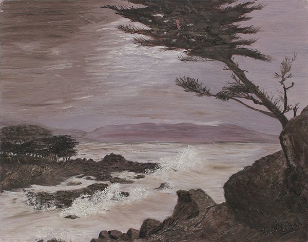 Assorted watercolors and oils on board: (lot of 4) Assorted watercolors and oils on board featuring; Village Winter Scene, Path Through the Woods, Harbor Scene, and Storm Approaching the Coast, all unsigned, largest overall (all unframed): 