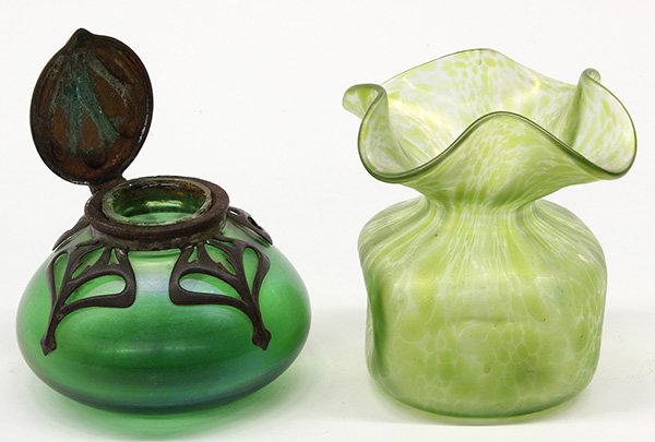 (lot of 2) Art Nouveau Loetz inkwell: (lot of 2) Art Nouveau Loetz inkwell, the covered top with a hammered surface continuing to the pierced floral mounts flanking the emerald body, and rising on a circular base, 2.5"h x 4"w, together wi