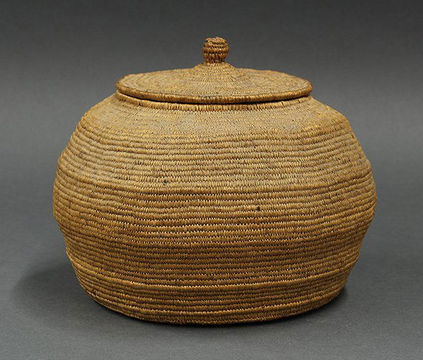 Pacific Northwest lidded basket: Pacific Northwest lidded basket, 7"h x 7"w