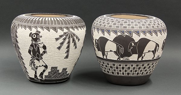 Acoma pottery bowls of bulbous form: (lot of 2) Acoma pottery bowls of bulbous form, one having a central reserve of buffalo, the other of dancing figures, each signed M&R Romero, 11.5"h. Provenance: Property from the collection of the D