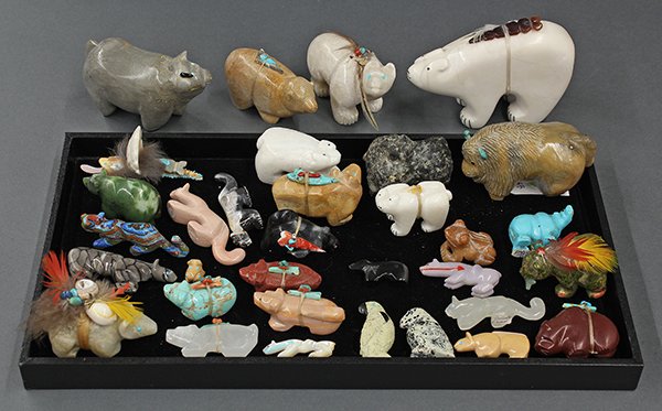 Zuni, New Mexico, carved hardstone fetishes: (lot of 32) Zuni, New Mexico, carved hardstone fetishes of various animals including bears, birds, etc., some signed, largest: 5"l. Provenance: Property from the collection of the Dr. Mary Anne Warren