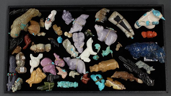 Zuni, New Mexico, carved hardstone fetishes of animals: Zuni, New Mexico, carved hardstone fetishes of animals including bears, birds, etc., some signed, various sizes (some miniature), largest: 4"l, approx. 50. Provenance: Property from the collection of 