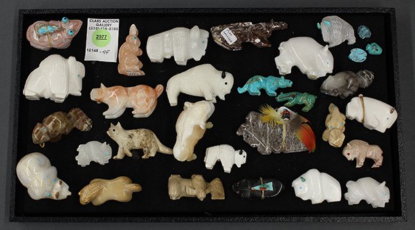 Zuni, New Mexico, hardstone fetishes: (lot of 27) Zuni, New Mexico, hardstone fetishes each having an animal form, consisting of musk ox, beaver, fox, etc., some signed, largest: 2.75"l. Provenance: Property from the collection of the Dr.