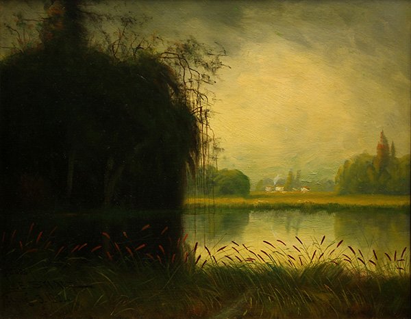 Painting, James Everett Stuart, Sacramento River,: James Everett Stuart (Californian, 1852-1941), "Sacramento River, California," 1924, oil on panel, signed dated and numbered lower left and verso, titled verso, number 3202, panel: 15"h x 20"w, overal