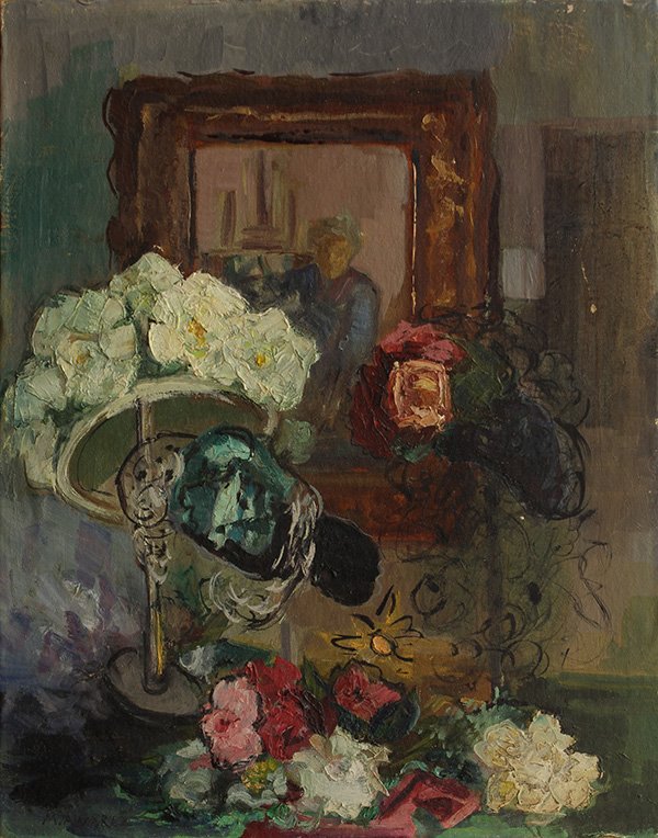 Painting by Mabel Alvarez: Mabel Alvarez (Californian, 1891-1985), Still Life with Flowers and a Portrait, oil on canvas board, signed lower left, overall (unframed): 20"h x 16"w