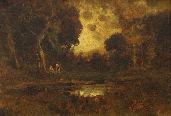 Painting, Manuel Valencia, Figures by a Pond: Manuel Valencia (Californian, 1856-1935), Figures by a Pond, oil on canvas, signed lower right, canvas: 10.25"h x 14.125"w, overall (with frame): 15.25"h x 19"w