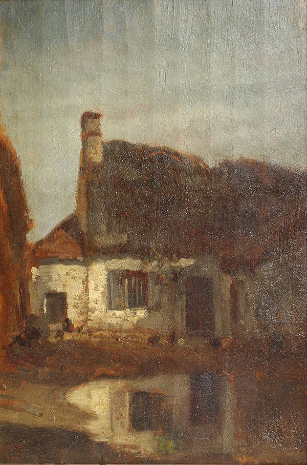 Painting, Constant Troyon, A Farmhouse with a Pond: Constant Troyon (French 1810-1865), A Farmhouse with a Pond (Mare dans une cour de ferme), oil on board (cigar box), estate stamped "Vente Troyon" lower left, board: 14.25"h x 9.75"w, overall (with fr
