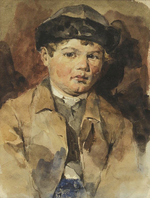 Watercolor, Frank Duveneck, News Boy: Frank Duveneck (American, 1848-1919), "News Boy," watercolor, unsigned, gallery title label (Maxwell Galleries, San Francisco, CA) affixed verso, sight: 10"h x 8"w, overall (with frame): 14"h x 12"w