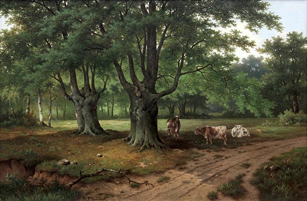 Painting, Hendrik Pieter Koekkoek, Forest with Three: Hendrik Pieter Koekkoek (Dutch, 1843-1890), Forest with Three Cows, oil on canvas, signed lower left center, sight: 23.5"h x 35.5"w, overall: 31.5"h x 43.5"w. Note: Proceeds to benefit Art in the Cour