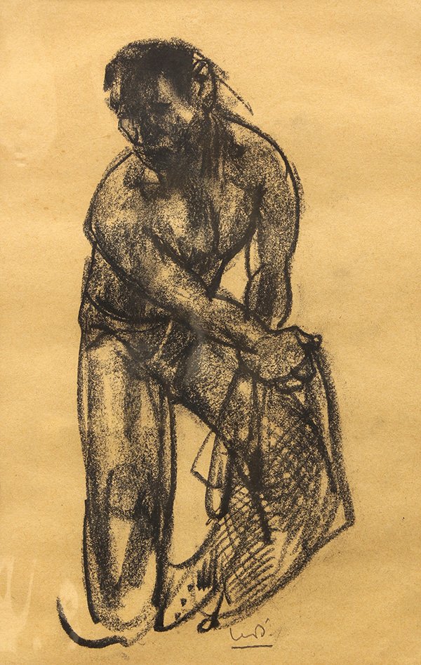 Works by Willem Van Den Berg: (lot of 2) Willem Van Den Berg (Dutch, 1886-1970), Fisherman with Net, 1965, oil on board, signed lower right, dated verso, sight: 15"h x 10.75"w, overall (with frame): 21"h x 17.25"w, gallery label a