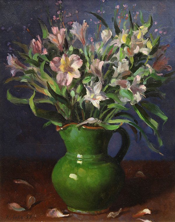 Painting, Randall Lake, Still Life with Flowers, 1987: Randall Lake (American, b.1945), Still Life with Flowers, 1987, oil on canvas, signed lower left, canvas: 15"h x 12"w, overall (with frame): 21"h x 17.75"w