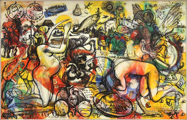Painting, Sheldon C. Schoneberg, The Altar of Eolin: Sheldon C. Schoneberg (American, 1926 - 2012), "The Altar of Eolin," oil/mixed media on canvas, signed upper right, canvas: 54.5"h x 82.75"w, overall (with frame): 55"h x 83.75"w. Provenance: From the
