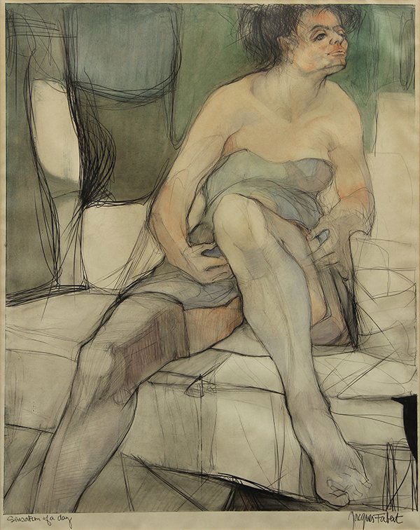 Drawing, Jacques Fabert: Jacques Fabert (Californian, b.1925), ''Sensation of a Day,'' pencil, charcoal and watercolor on paper, signed lower right, titled lower left, sight: 26.5''h x 20.75''w, overall (with frame): 38.75''h