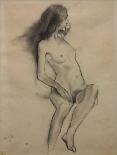 Drawing, Aaron Shikler: Aaron Shikler (American, b. 1922), Nude Lying in Repose, 1981, charcoal on paper, signed and dated lower left, sight: 12"h x 9"w, overall (with frame): 18.5"h x 15.5"w