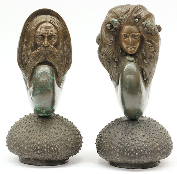 Sculptures, James Siebert, Triton and Mermaid: (lot of 2) James Siebert (American, 20th century), "Triton," 1984, and Mermaid, 1985, bronze sculptures, edition 39/500 and 101/700, overall (each): 10"h x 5"w x 5"d. Accompanied by COA