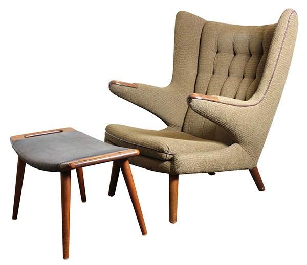 Danish Hans Wegner Papa Bear chair: (lot of 2) Danish, Hans Wegner Papa Bear chair, in tooled green wool upholstery, having a tufted wing back terminating at the wood returns, and rising on tapered legs, unmarked, 39"h x 36"w x 36"d, wi