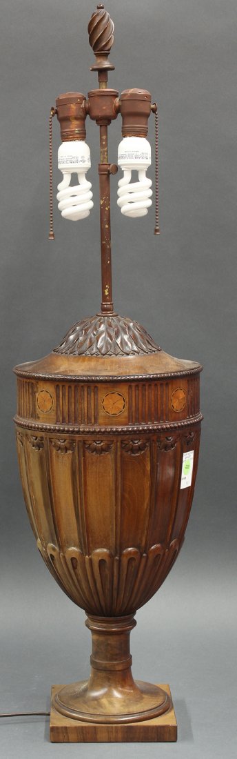 Georgian mahogany knife box: Georgian mahogany knife box, mounted as a table lamp, late 18th century, the urn form base having maquetry decorated medallion reserves, and rising on a square platform base, 35"h overall