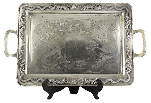 Chinese Export silver handled presentation tray: Chinese Export silver handled presentation tray, by Nanking, the rectangular form enclosed by a bamboo frame surrounding a granulated hammered ground featuring writhing dragons and fire balls in relie
