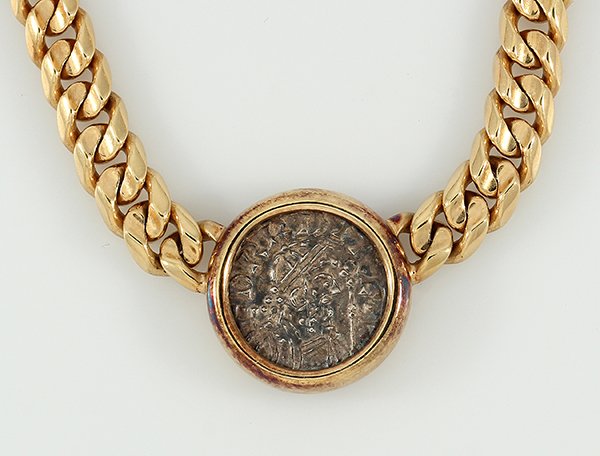Bvlgari ancient coin yellow gold necklace: Bvlgari ancient coin and 18K yellow gold necklace mounted with one ancient silver coin, England Edward the Confessor 1042-1046, ( stamped on back), set in an 18K yellow gold heavy bezel and curblink n