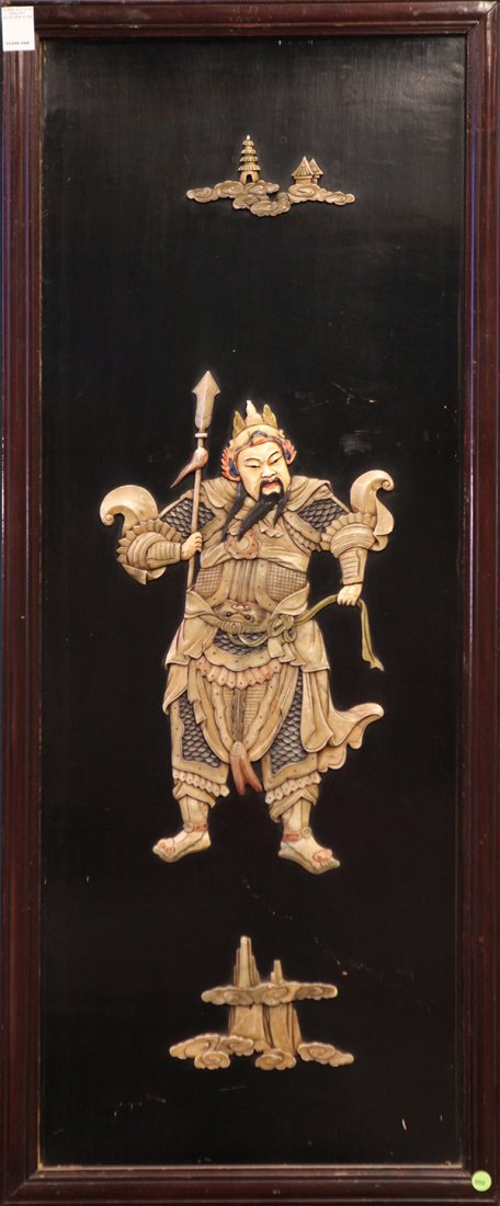 Chinese Stone Inlaid Plaque, General: Chinese soapstone inlaid wood plaque, featuring a celestial general with a halbert in hand, set above mountains and below celestial pavilions, 49"h x 20"w