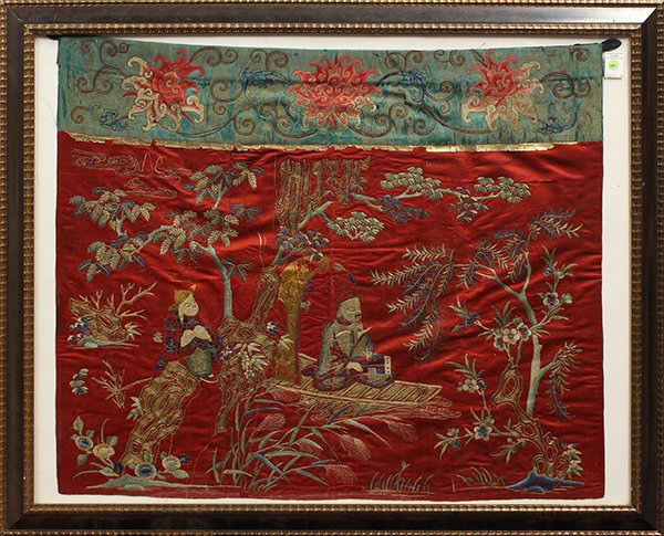Chinese Silk Altar Frontist Hanging: Framed Chinese altar frontist hanging, featuring a scholar official on a boat with a qin and accompanied by an attendant, with color threads and gilt wrapped threads executed on a satin red ground, be