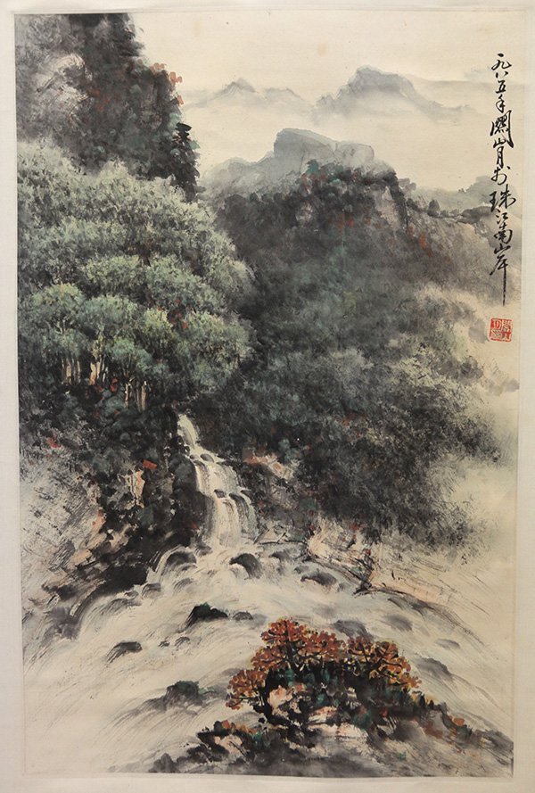Chinese Scroll, after Guan Shanyue, Landscape: After Guan Shanyue (Chinese, 1912-2000), Waterfall, ink and color on paper, the upper right dated 1985, bearing signature and one seal, painting: 27"h x 17.5"w; overall (scroll): 75.5"h x 25"w