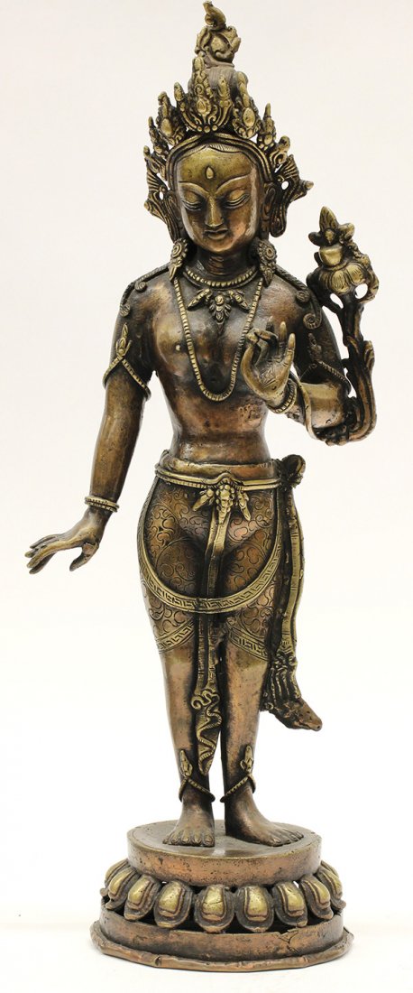 Himalayan Copper Alloy Standing Tara: Himalayan copper alloy Buddhist sculpture, of Tara standing on a lotus pedestal and holding a lotus sprig in the left hand, 17.75"h