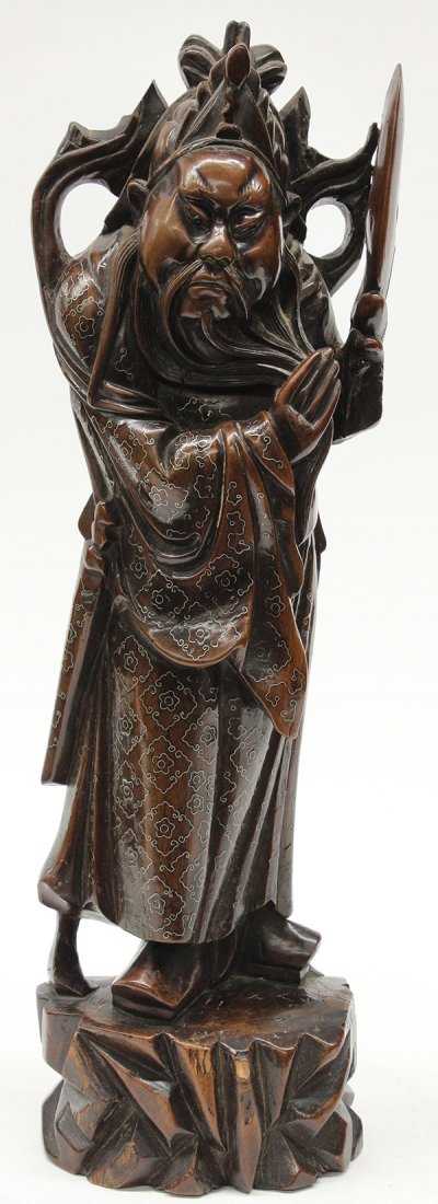 Chinese Wood Figure with Wire Inlay: Chinese silver wire inlaid wood figure, of Guanyu holding a halbert in his left hand and his thick beard in his right, 16.125"h
